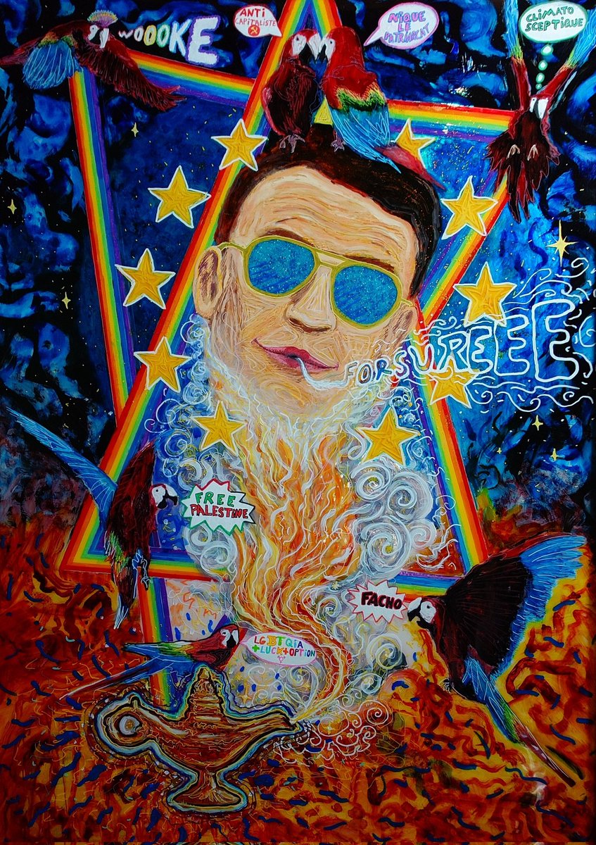 netic21's tweet photo. #france2026 
#climatosceptique
#facho 
#freepalestine
#anticapitalliste
#niquelepatriarcat
#lgbtqia
#forsure
Le génie #macron et les #perroquet s
Peinture, technique mixte sur panneau plexiglass
100x70 cm

@VictorSinclair3
@Tocsin_Media 
@MbalaDieudo https://t.co/YJSXNLcwu3