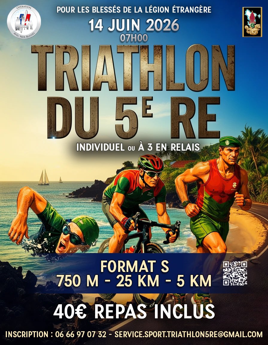 RenaudVoyer's tweet photo. 🗓️Prenez date | Dans un mois, le @5reofficiel organise son triathlon sur @Ile_de_Mayotte 
Le 14 juin 2026, sur Petite-Terre, individuellement ou en équipe, venez vous dépasser et passer un moment convivial. Vous soutiendrez ainsi nos blessés @LegionEtrangere https://t.co/OwvO6OtIwF