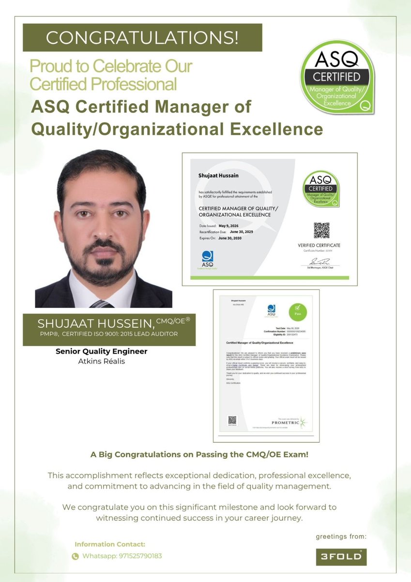 3foldtraining's tweet photo. Proud moment! Let us celebrate the success of Mr. Shujaat Hussain, who has successfully passed the #CMQ/OE exam!

Wishing you continued success and many more accomplishments ahead.
https://t.co/0fRNcrcHuo

#ASQ #ASQCertification #CMQOE #QualityManagement #ConstructionQuality https://t.co/cdV1lzyWwX