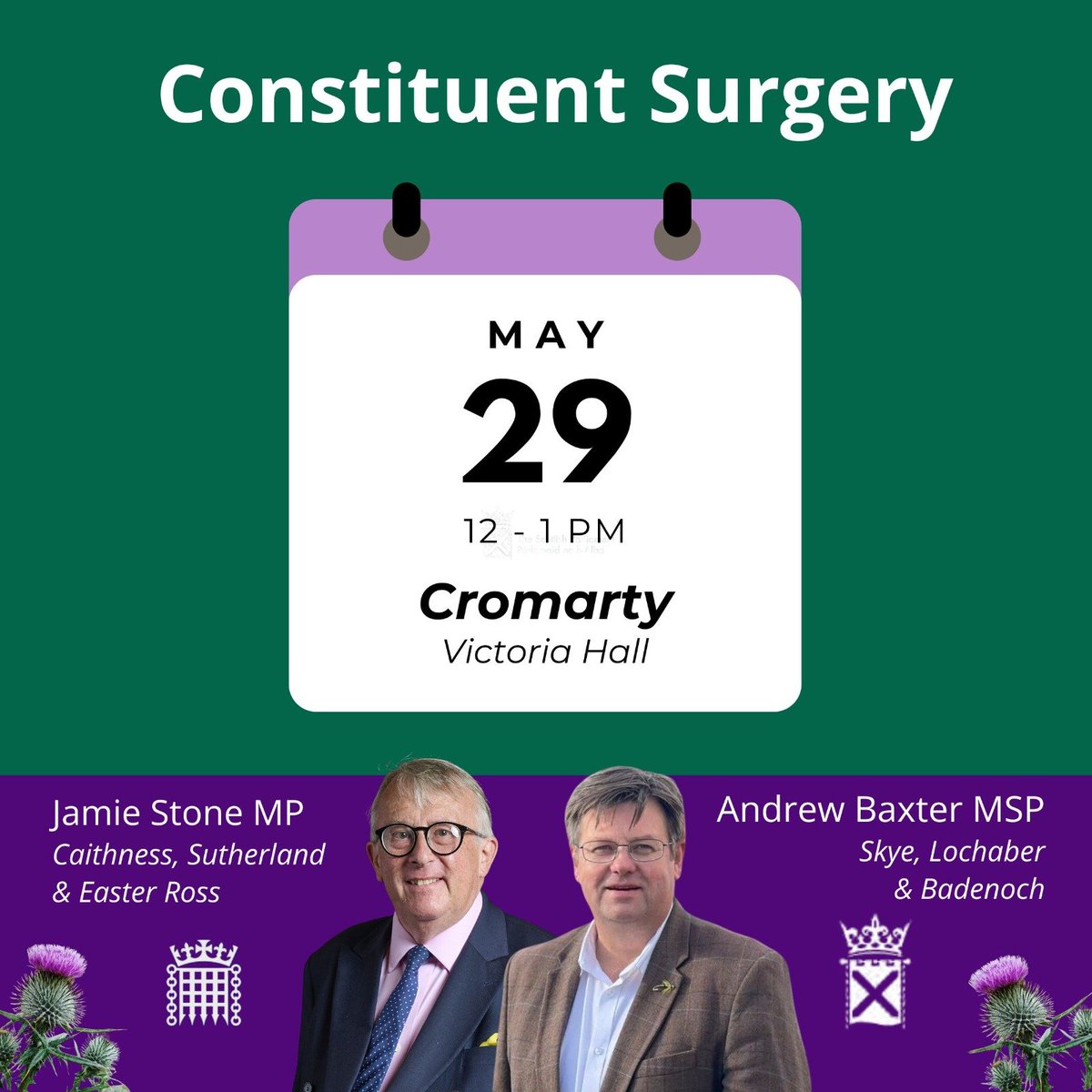 Jamie4North's tweet photo. What a delight to announce two surgery dates, where I'll be joining our newly elected MSPs - @DavidGreen4CSR and Andrew Baxter. 

Do come along and say hello! ☀️ https://t.co/ZVw2yG0EyN