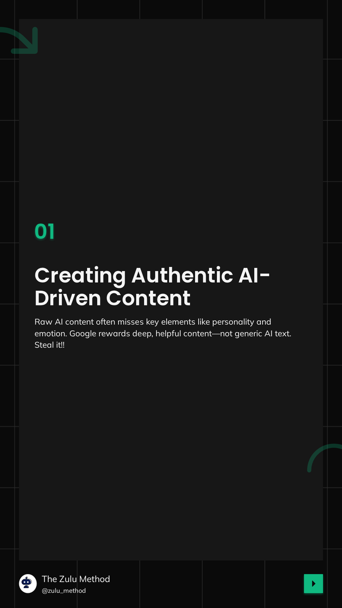 TheZuluMethodAI's tweet photo. AI writes fast but can feel robotic, missing real emotion. Fix: edit with stories, cut fluff, fact-check, and make it sound like you. AI draft, human refine, expert check, final review. Scale smart, don’t sound like a machine. #AIContent #ContentStrategy https://t.co/PX4c5djvE7