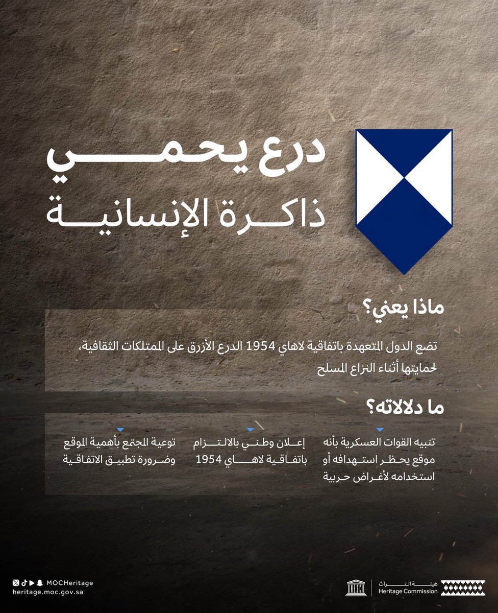 MOCHeritage's tweet photo. تعتمد الدول المتعهدة باتفاقية لاهاي 1954 وبروتوكولاتها الدرع الأزرق لتمييز الممتلكات الثقافية، لأجل حمايتها أثناء النزاعات المسلحة، بوصفها شاهداً على الحضارة.

#هيئة_التراث https://t.co/xdPN0rdxtT
