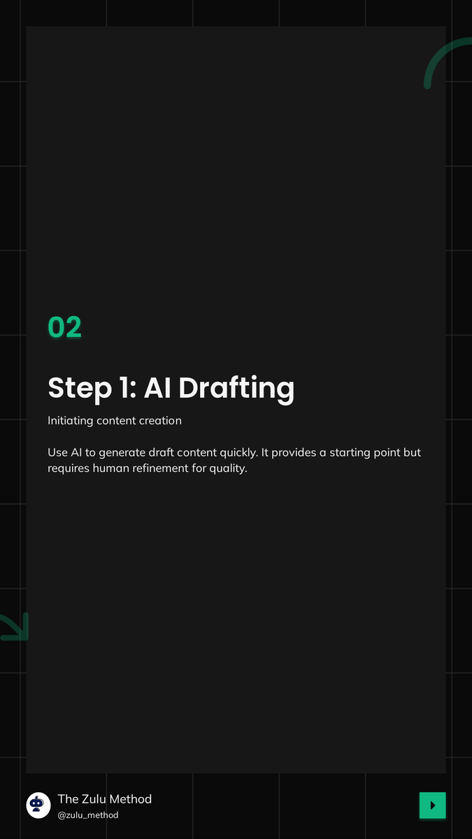 TheZuluMethodAI's tweet photo. AI writes fast but can feel robotic, missing real emotion. Fix: edit with stories, cut fluff, fact-check, and make it sound like you. AI draft, human refine, expert check, final review. Scale smart, don’t sound like a machine. #AIContent #ContentStrategy https://t.co/PX4c5djvE7