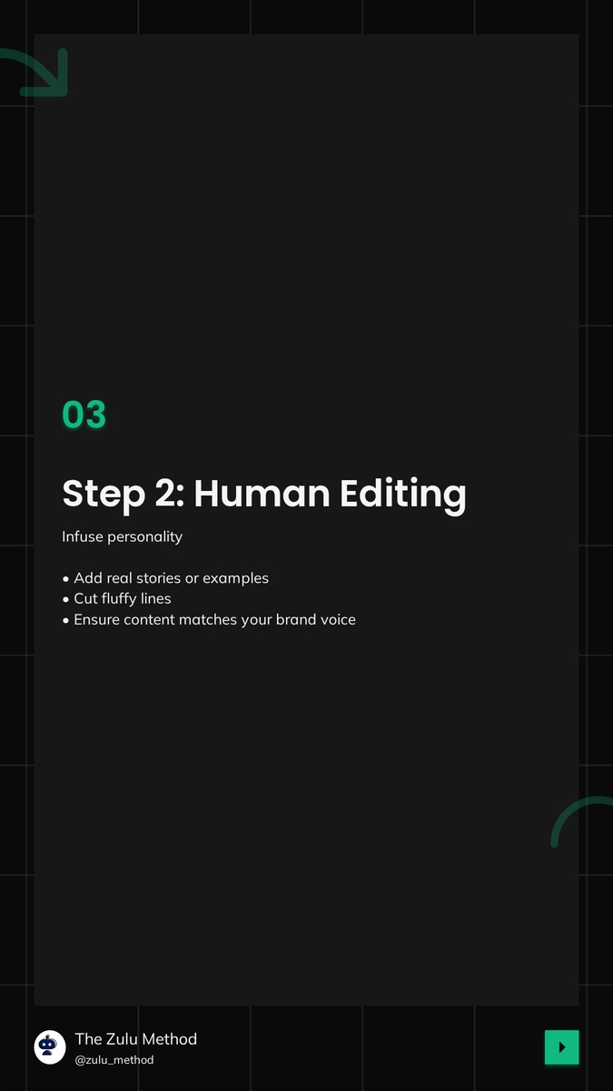 TheZuluMethodAI's tweet photo. AI writes fast but can feel robotic, missing real emotion. Fix: edit with stories, cut fluff, fact-check, and make it sound like you. AI draft, human refine, expert check, final review. Scale smart, don’t sound like a machine. #AIContent #ContentStrategy https://t.co/PX4c5djvE7