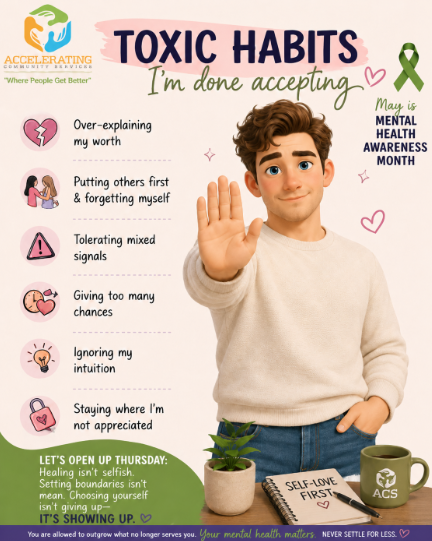 AcceleratingCS's tweet photo. Healing looks like unlearning toxic habits too. 💚

Stop:
• Over-explaining your worth
• Accepting mixed signals
• Ignoring your intuition
• Staying where you aren’t appreciated
Your peace is non-negotiable. 🌱
#MentalHealthAwarenessMonth #MentalHealthMatters #NCMentalHealth https://t.co/RagOlmDlDs