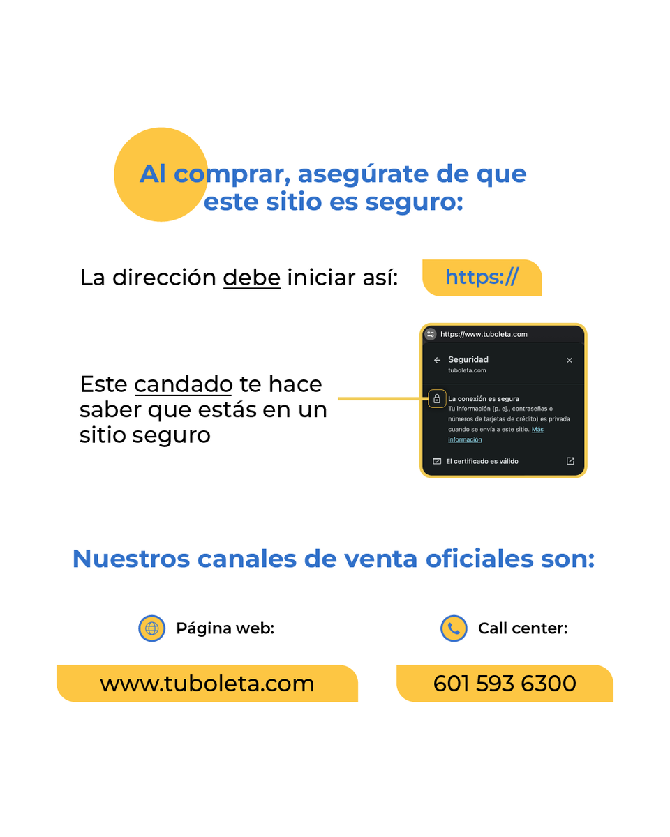 Tuboletaoficial's tweet photo. 🚨 ¡ALERTA! 🚨

Está circulando una página web falsa que suplanta a Tuboleta para estafar usuarios. ⚠️

❌ No realices pagos ni compartas información en sitios no oficiales.
✅ Recuerda comprar únicamente a través de los canales oficiales https://t.co/3LdX0jVVEt

#TuboletaContigo https://t.co/quP1Z1YrCs
