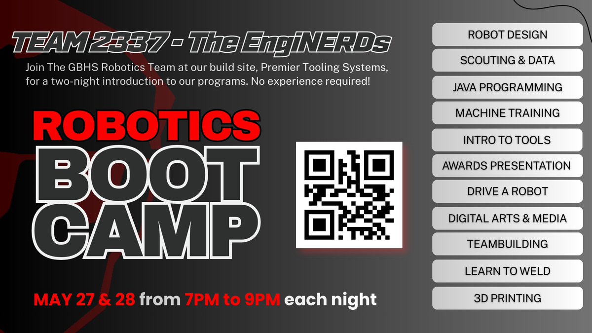 Team2337's tweet photo. Did you know the  The EngiNERDs, offers more than just robot-building? 

GBHS students graduating in 2027 - 2031 are welcome to join us on May 27 &amp; 28 for Robotics Boot Camp to learn more about the Team, with new content and hands-on activities each of the two nights. https://t.co/DHErBVbhRH
