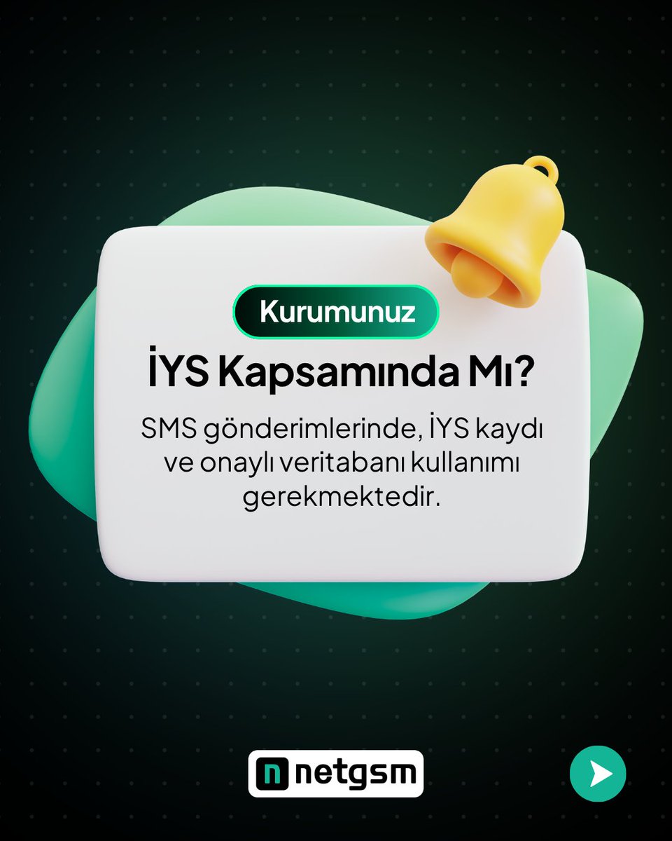 NET_GSM's tweet photo. 📩 Ticari elektronik ileti gönderebilmek için izinli adreslerinizi İYS'ye yüklemeniz gerekmektedir. Ancak bazı kurumlar bu kapsamın dışında tutulmaktadır. 
 
🚀 Mevzuata uygun SMS gönderimi için NetİYS yanınızda!

#netgsm #iys https://t.co/xPe91lzd6u