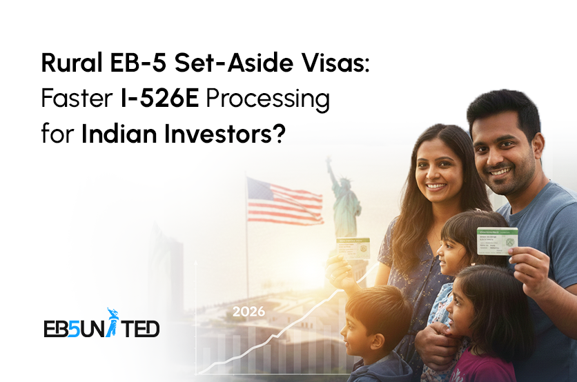 eb5united's tweet photo. As per the Visa Bulletin (February 2026), Indian nationals face multi-decade waits in EB-2 and EB-3 categories.

Against this backdrop, EB-5 has emerged as a structurally different proposition for Indian investors. According to USCIS filing data analyzed by IIUSA, Indian-born EB-5 investors accounted for one of the fastest-growing shares of post-Reform and Integrity Act (RIA) filings, particularly in the Rural EB-5 Project category.

In some cases, Indian investors in Rural set-aside categories have received I-526E approvals in under 12 months based on post-RIA processing trends, although timelines vary and are not guaranteed.

Why EB-5 May Offer Faster Processing for Indian Investors post-RIA of ‘22?

• Investment in Rural EB-5 Projects - 20% of all EB-5 visas are reserved annually specifically for Rural investments

• Set-aside visas - 32% of EB-5 visas are now reserved annually across three categories: 20% for Rural EB-5 Projects, 10% for high-unemployment areas, and 2% for infrastructure investments

• Concurrent filing - Allows U.S.-based EB-5 investors to submit both the immigrant petition (Form I-526E) and the adjustment of status application (Form I-485) at the same time

• Priority USCIS Processing - Rural I-526E petitions benefit from Priority USCIS Processing, leading to significantly faster adjudication times

Disclaimer: For informational purposes only. Not an offer to sell or solicitation to buy any security. No general solicitation intended. Any offering made exclusively via PPM to qualified accredited investors. EB-5 investments involve risk, including loss of capital, and immigration outcomes are not guaranteed. Investors should consult qualified legal, tax, and immigration advisors.

More info: https://t.co/gclRAbIQzz

#EB5 #EB5United #EB5Program #USA