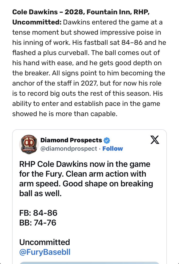 cdawk06's tweet photo. Thank you @diamondprospect  for the write up.

@FuryBasebll 
@TeamElitePlat https://t.co/5CaygS9sQM