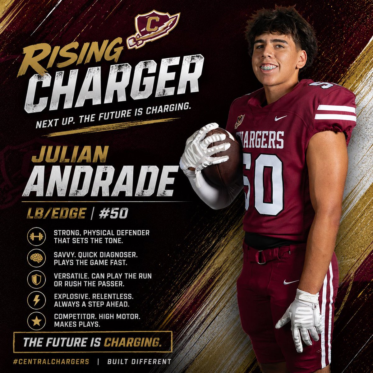 CHSChargerFB's tweet photo. Rising Charger: Julian Andrade ⚡️🏈

Versatile defender that can play LB or DL. Strong at the point of attack, physical against the run, and plays with a nonstop motor. 💪🔥

Tough, relentless, and built to make plays. The future is charging. ⚡️

#RisingCharger #NextUp https://t.co/xDHDiRmxPr