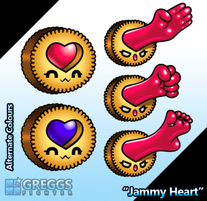 DataWestv3's tweet photo. The third character for 'Greggs Fighter' (Data West's in-development doujin fighter) is 'Jammy Heart' - a 'glass cannon' character, who fights by shaping jam into objects like weapons and projectiles.

#indiegame #gamedev #gamedevelopment #fightinggame #fighter #indie #conceptart https://t.co/k6xYbxs7aq