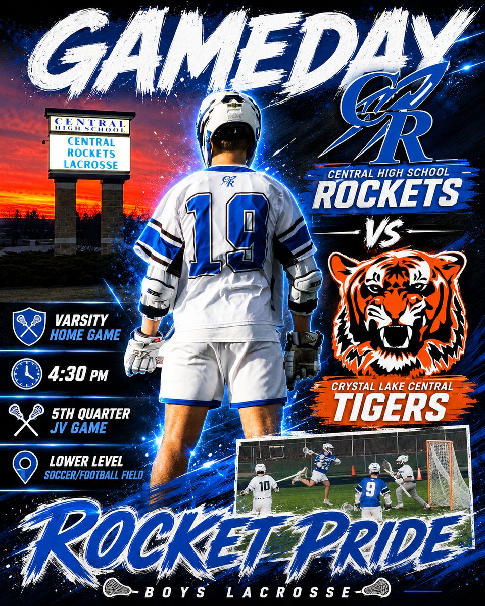 CoachConnor16's tweet photo. Come out today May 14 to support CHS Boys Lacrosse against The Crystal Lake Central Tigers!!!! Varsity Game Starts at 4:30 PM with a 5th Quarter JV Game @ Central High School Lower Soccer/Football Stadium!!!

@AthleticsRocket 

@301_chs

@bchs_boosters

@clcathletics 

@nwherald

@NWHPreps

#CentralLax 
#CentralPride
#🚀🆙