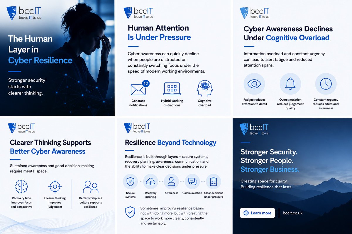 BCCIT's tweet photo. Cyber Security extends beyond technology.
Pressure, distraction, fatigue, and cognitive overload can affect judgement &amp; decision making in the modern workplace.

Our latest bite-sized blog explores the human side of cyber resilience. 

🌐https://t.co/zZE320L1qC https://t.co/mmijGOLuo6