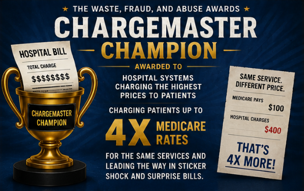 HospFactCheck's tweet photo. Next on the #WasteFraudandAbuse awards is the  “Chargemaster Champion Award” that puts a spotlight on HCA Healthcare: some hospitals charge up to 4x Medicare rates for the same care. These inflated, often hidden prices drive higher premiums and bigger bills. https://t.co/INV7HlgSoh