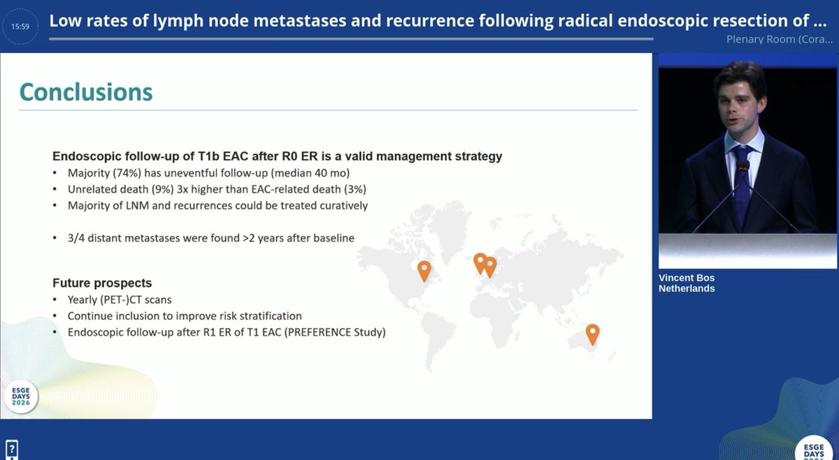 drkeithsiau's tweet photo. Best abstract award at #ESGEDays2026 goes to Vincent Bos for the PREFER study for T1b oesophageal adenocarcinoma. The study shows that patients with these cancers can do well after endoscopic resection and can avoid invasive surgery, but need close monitoring 👍 https://t.co/JxRchdBTTS