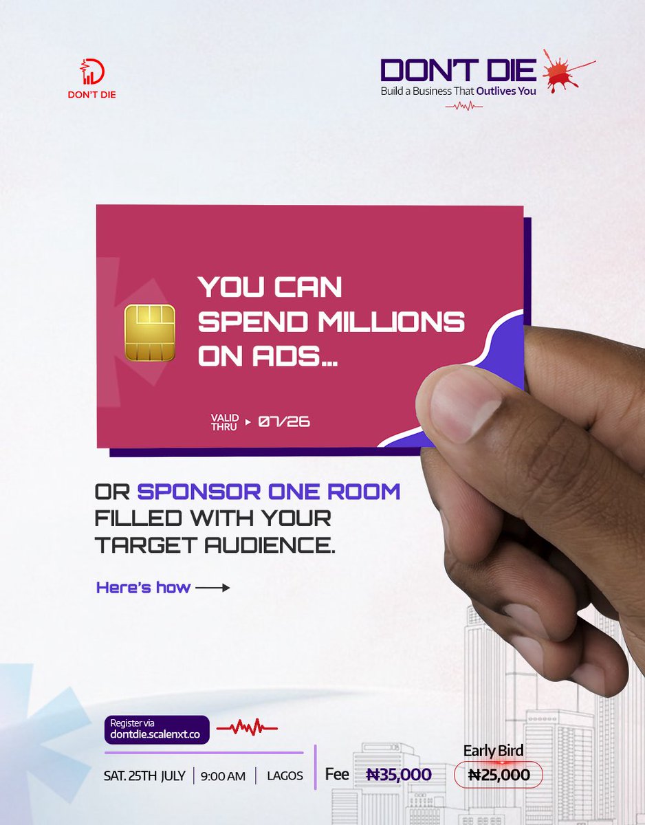 Scalenxtafrica's tweet photo. You can spend millions on ads… or sponsor one room filled with your target audience.

FLA 2.0 sponsorships are open.

Swipe for tiers, benefits, visibility &amp; packages.

The right room changes everything.

Sat 25 July 2026 | 9AM
Lagos, Nigeria.

DM or comment to partner.

#FLA2 https://t.co/PwFPGg7aUv