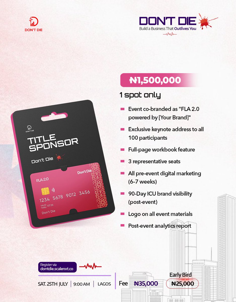 Scalenxtafrica's tweet photo. You can spend millions on ads… or sponsor one room filled with your target audience.

FLA 2.0 sponsorships are open.

Swipe for tiers, benefits, visibility &amp; packages.

The right room changes everything.

Sat 25 July 2026 | 9AM
Lagos, Nigeria.

DM or comment to partner.

#FLA2 https://t.co/PwFPGg7aUv