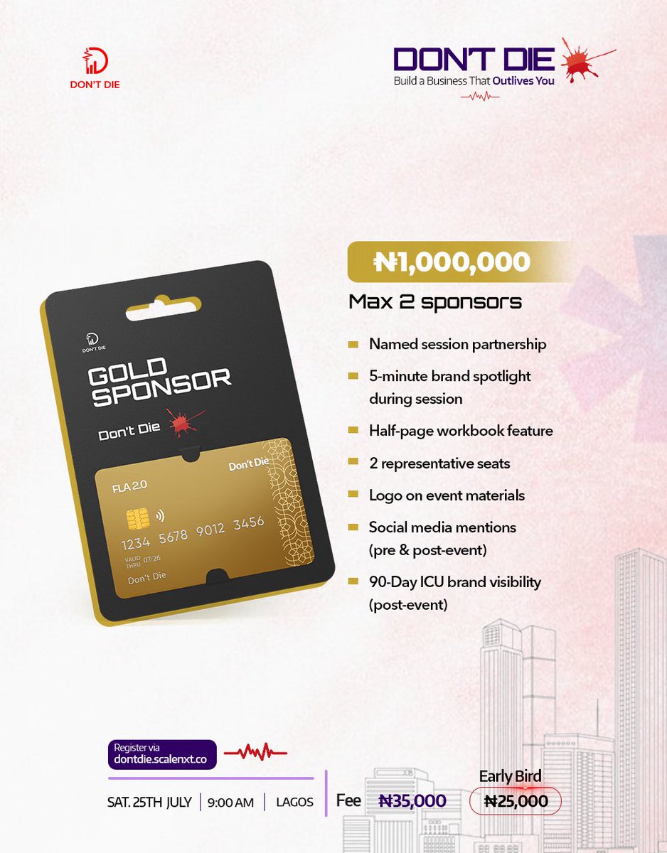 Scalenxtafrica's tweet photo. You can spend millions on ads… or sponsor one room filled with your target audience.

FLA 2.0 sponsorships are open.

Swipe for tiers, benefits, visibility &amp; packages.

The right room changes everything.

Sat 25 July 2026 | 9AM
Lagos, Nigeria.

DM or comment to partner.

#FLA2 https://t.co/PwFPGg7aUv