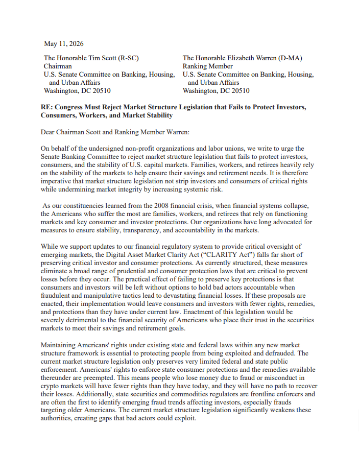 TakeJusticeBack's tweet photo. Consumer groups and labor unions are uniting to demand Congress reject the Clarity Act — a bill that fails investors, consumers, workers, and the stability of U.S. capital markets.

Americans deserve real guardrails — not legislation that gambles with their savings. Vote NO. https://t.co/pQYvej3bo8