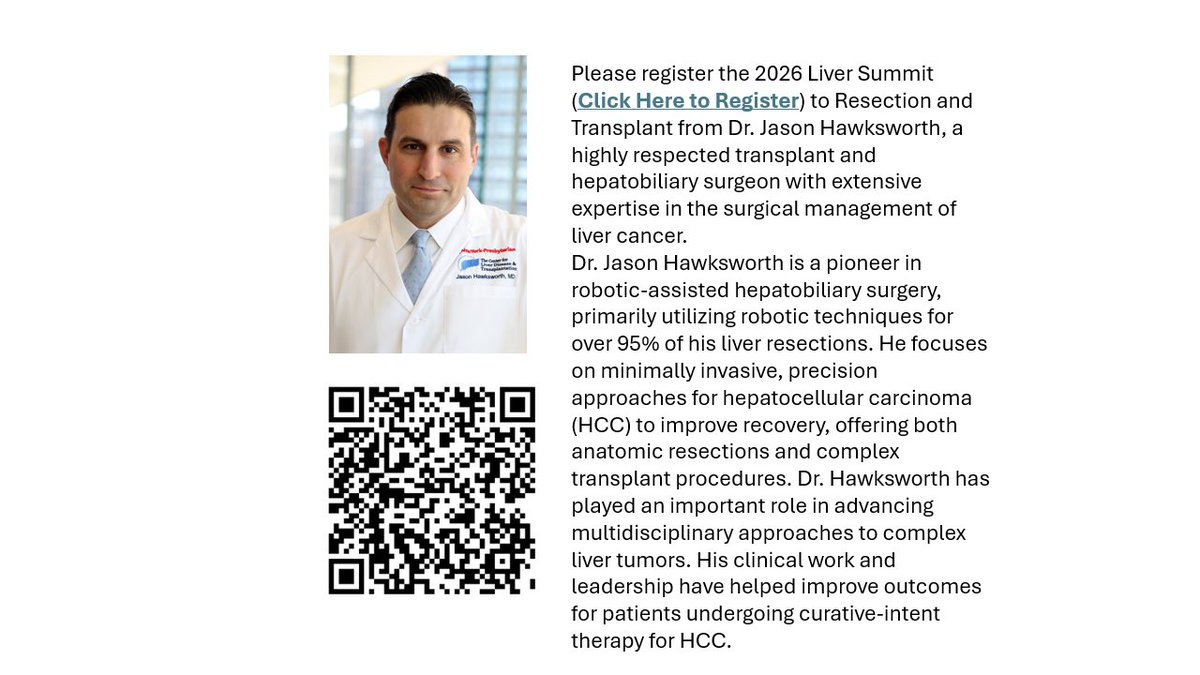 RuthHe12's tweet photo. Please join us in a 2-day Liver Summit on 5/19-5/20 sponsored by NYP/CUMC. We are excited to have Dr Jason Hawksworth talk about complex hepatobiliary and transplant surgery, including minimally invasive approaches in surgical management of liver cancer.

https://t.co/5jpxyabOhr https://t.co/qX0VrkLjgT