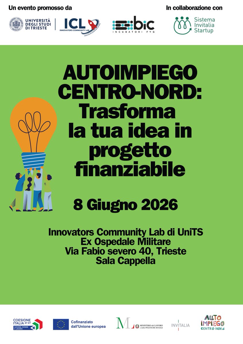 BICFVG's tweet photo. BIC Incubatori FVG, in collaborazione con Invitalia e l'Università degli Studi di Trieste, organizza un incontro dedicato alle opportunità di Autoimpiego Centro-Nord. | Data e dettagli logistici in arrivo — segui la nostra pagina per restare aggiornato. https://t.co/wQVO1IHimD