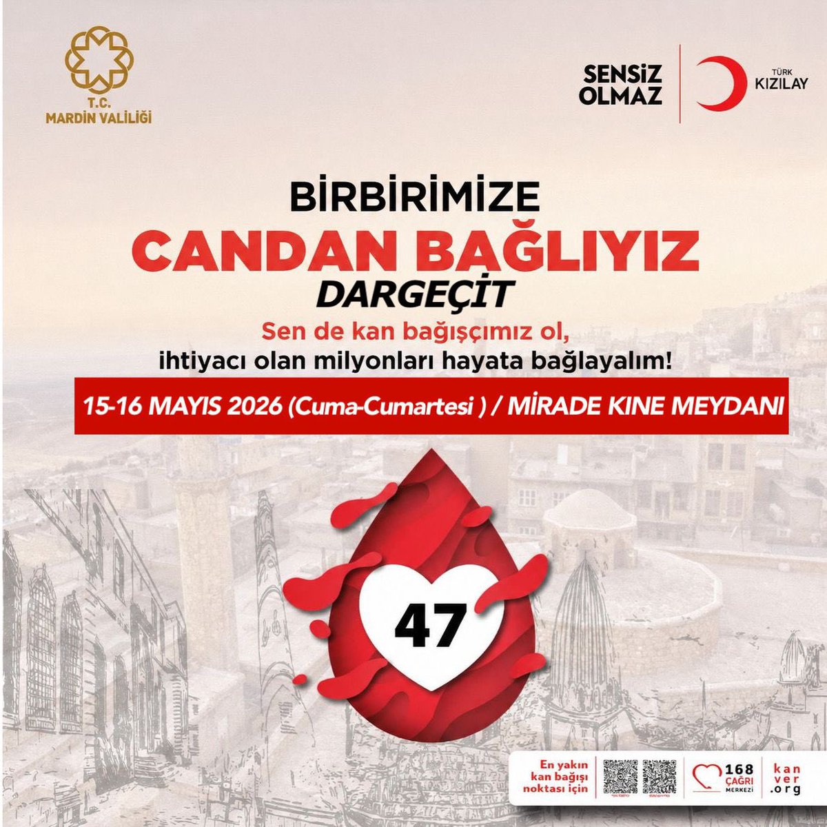 TcDargecit's tweet photo. Bir ünite kan, bir umut demektir. ❤️

Türk Kızılayı iş birliğiyle düzenlenecek kan bağışı kampanyamıza tüm kıymetli hemşehrilerimizi davet ediyoruz.
Siz de bağışta bulunarak ihtiyaç sahibi vatandaşlarımızın hayata tutunmasına destek olabilirsiniz.

📍 Mirade Kine Meydanı – Dargeçit
📅 15-16 Mayıs 2026 (Cuma-Cumartesi)