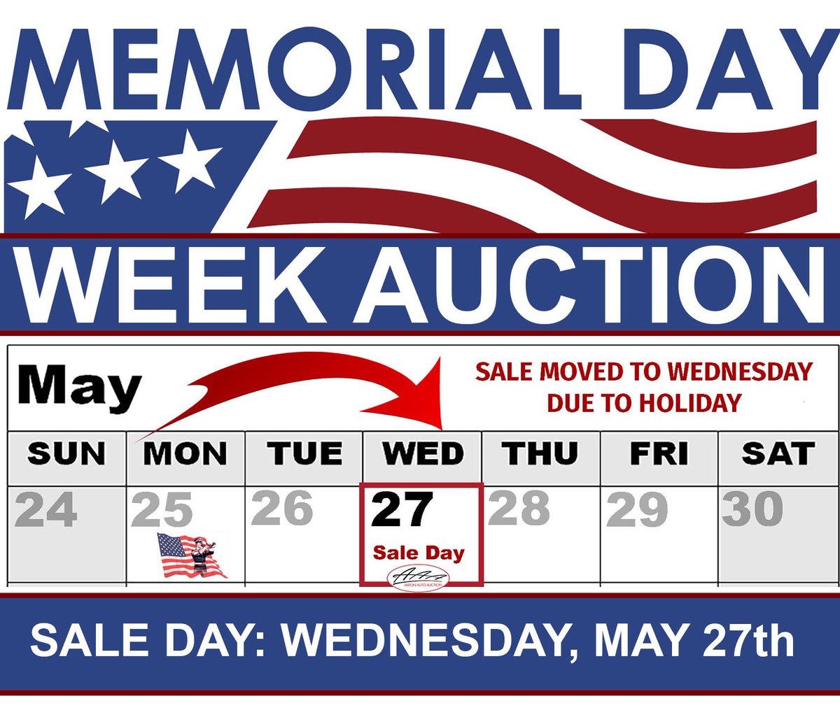 AkronAutoAuctio's tweet photo. 📆 Please mark your calendars!  Our sale during the week of the upcoming 🇺🇸 Memorial Day Holiday will be held:

➡️ Wednesday, May 27th @ 8:30am

#akronautoauction https://t.co/V3m6alAage