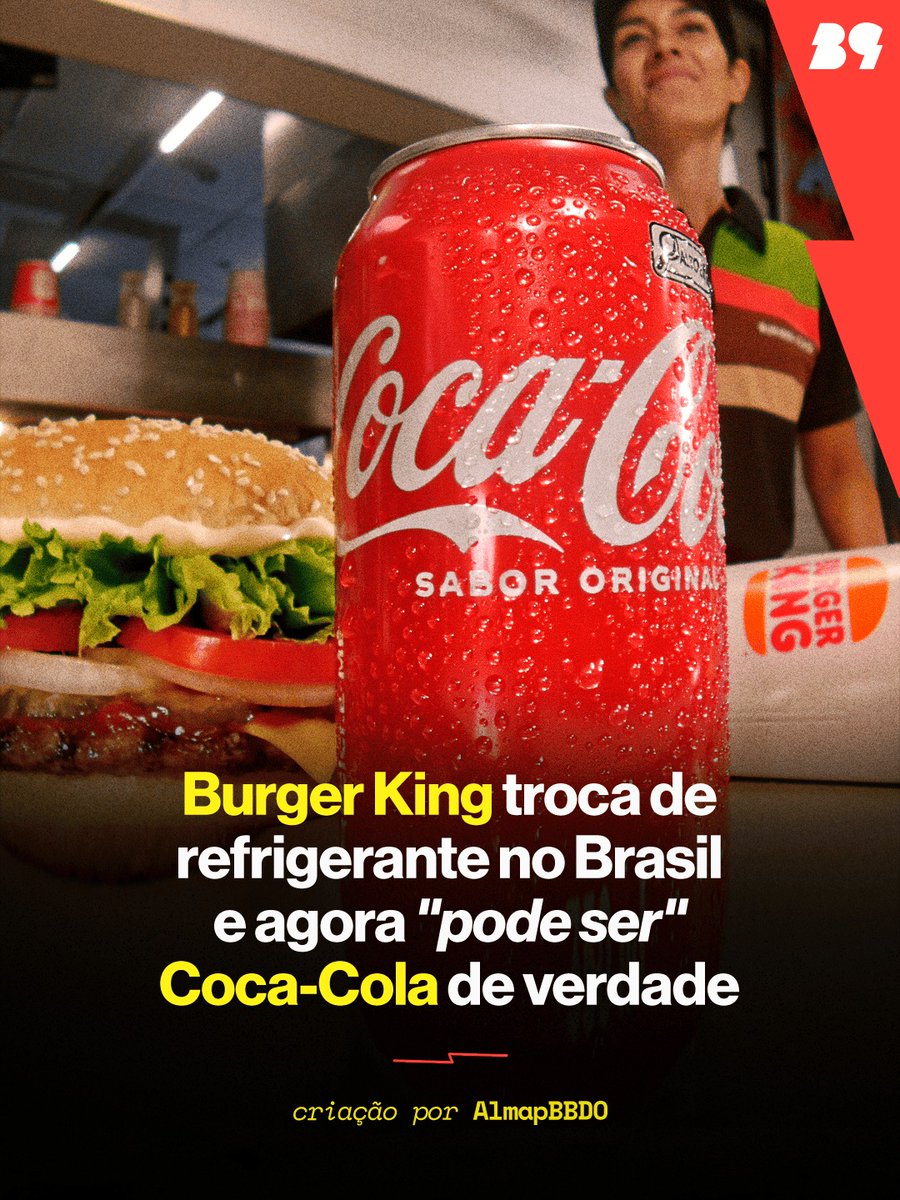 brains9's tweet photo. Whopper, batata frita e... Coca-Cola." Silêncio. "Pode ser!" O @burgerkingbr oficializou a troca de refrigerante no Brasil. Agora tem @cocacola_br. De verdade 🍔🥤 Detalhe: o "pode ser?" tem dono na publicidade brasileira. Em 2009, a Pepsi e a @almapbbdo transformaram a frase… https://t.co/gYRXkYj6jW
