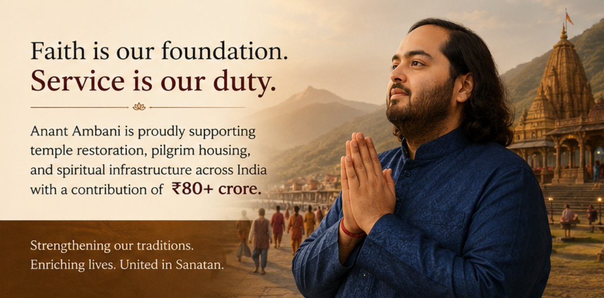SBasu69559's tweet photo. #Anant2026Dharma  Anant Ambani's ₹80+ crore initiative in revitalizing temples and improving pilgrim amenities beautifully underscores his dedication to enriching India's spiritual landscape and supporting cultural heritage. https://t.co/8QdxGspFgc