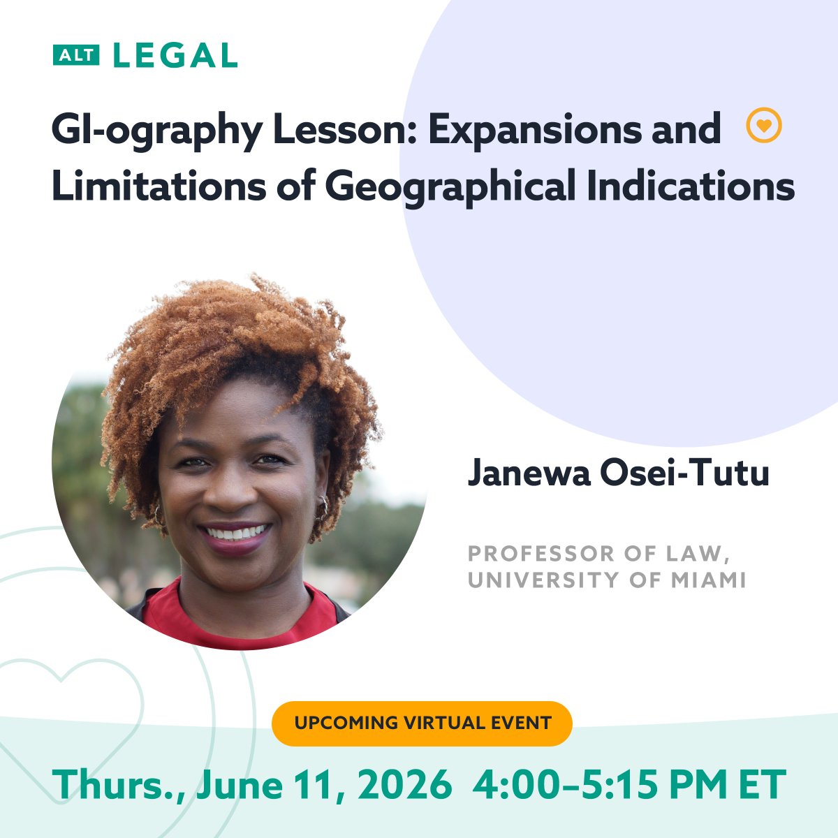 AltLegalHQ's tweet photo. Join Alt Legal for a free webinar (CLE pending) on Thurs June 11 at 4:00pm (ET) where U of Miami Law Prof Janewa Osei-Tutu of the University of Miami will explore how Geographical Indication protection is evolving globally + the impact on TMs. Register: https://t.co/P12QUmvPHF https://t.co/pFGwwxrUN3