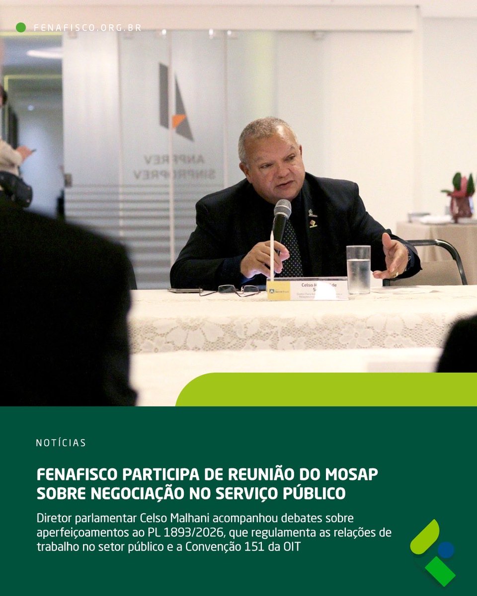 Fenafisco's tweet photo. A Fenafisco participou de reunião do Instituto Servir Brasil sobre aperfeiçoamentos ao PL 1893/2026, que trata da negociação das relações de trabalho no serviço público. O diretor parlamentar Celso Malhani representou a Federação nos debates. Saiba mais: https://t.co/slMhLbu1sK https://t.co/KekutQQRWx