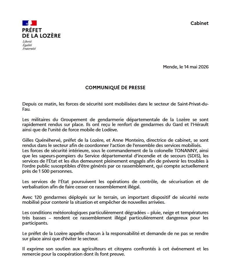 Image de Préfet de la Lozère - Depuis ce matin, les forces de sécurité sont mobilisées dans le secteur de Saint-Privat-du-Fau.

Les