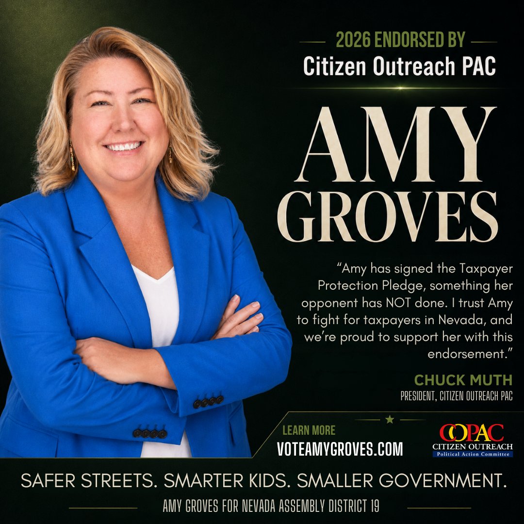 electamygroves's tweet photo. Honored to be endorsed by Citizen Outreach PAC.

I’m running to fight for the people paying the bills, raising families, and trying to build a better future here in Nevada.

Safer streets.
Smarter kids.
Smaller government.

Let’s win this together. https://t.co/k3FasgyeY6