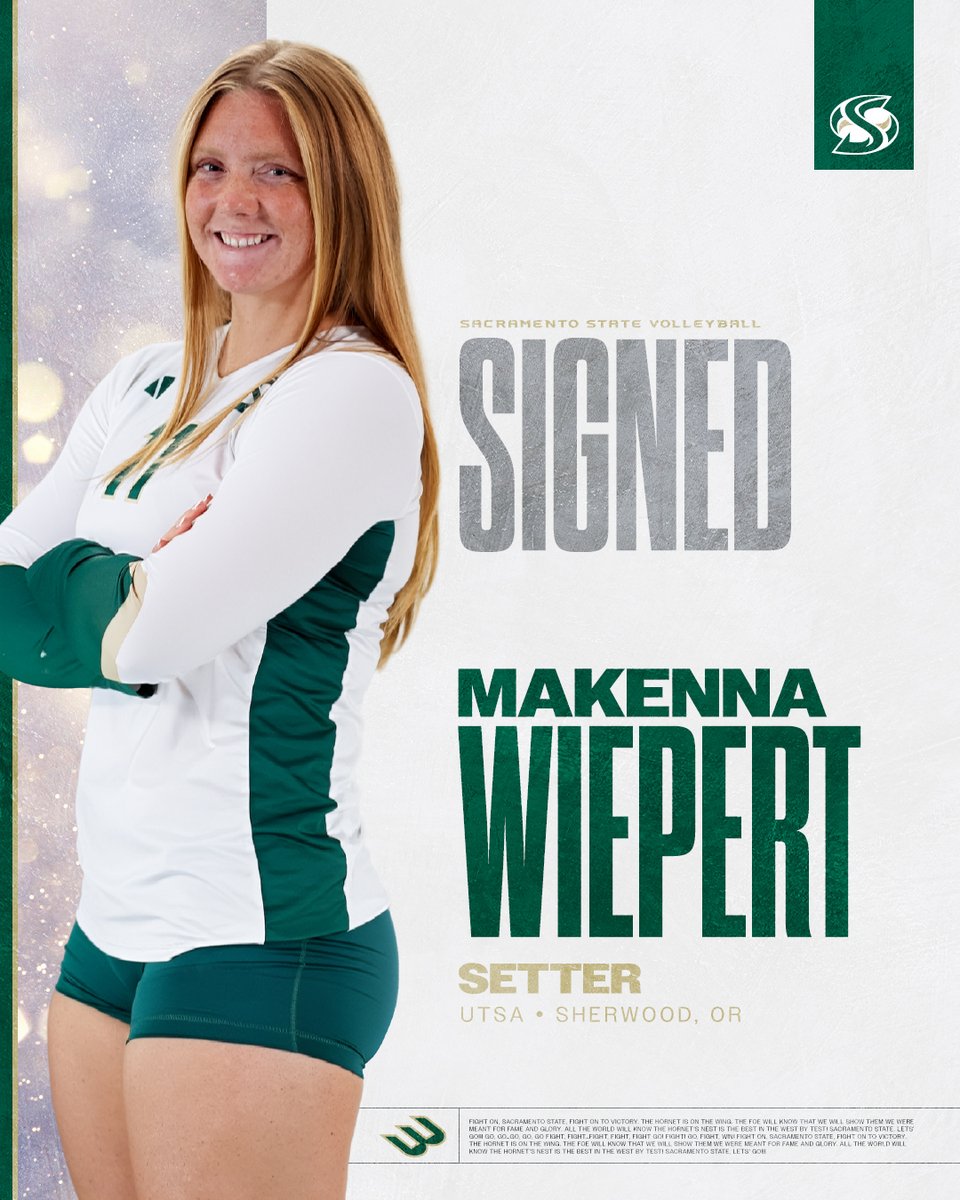 SacStateVB's tweet photo. Welcome to the family Makenna Wiepert‼️

• 5-11 setter from Sherwood, Ore.
• Will have 2 yrs of eligibility
• Transfer from UTSA of the American Athletic Conf
• Played 3 seasons at UTSA (1 redshirt)
• Unanimous 1st team all-state at Wilsonville HS

https://t.co/KrzJopZFor https://t.co/dTcP73OW4f