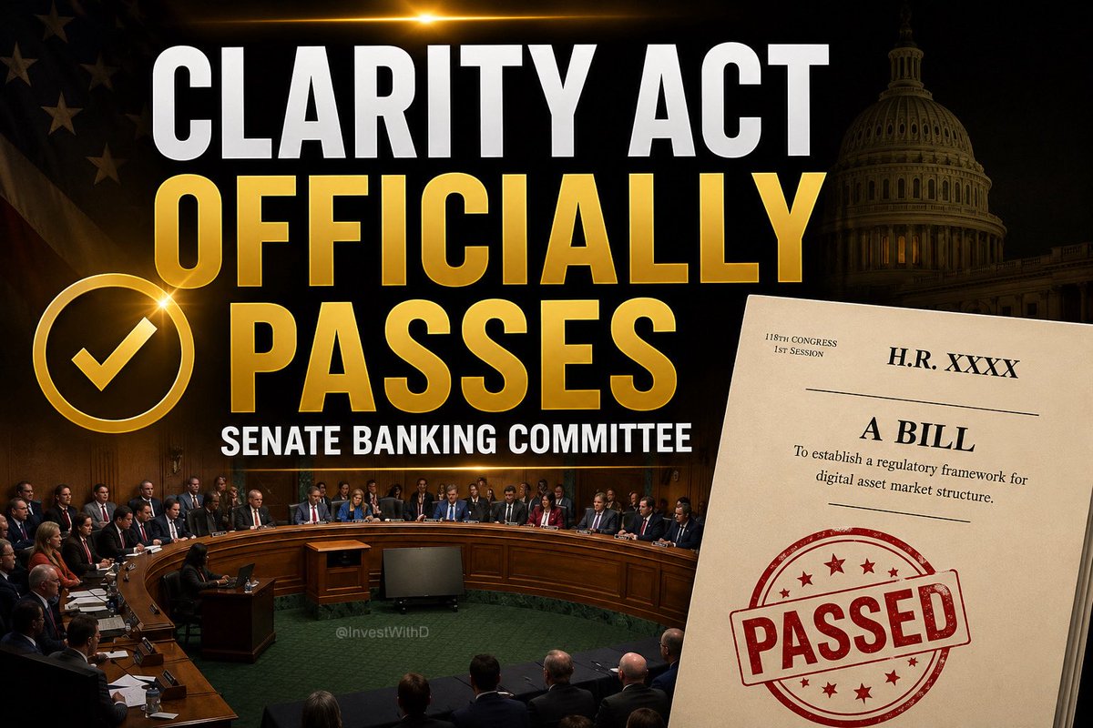 InvestWithD's tweet photo. 🚨Clarity Act OFFICIALLY PASSES Senate Banking Committee Going to FULL SENATE Then President's Desk ✅🚀

After MONTHS of negotiations and stalling the bill, Clarity Act FINALLY ADVANCES through @BankingGOP with bipartisan support (15/9). 🤯

NOW PASS IT THROUGH FULL SENATE.