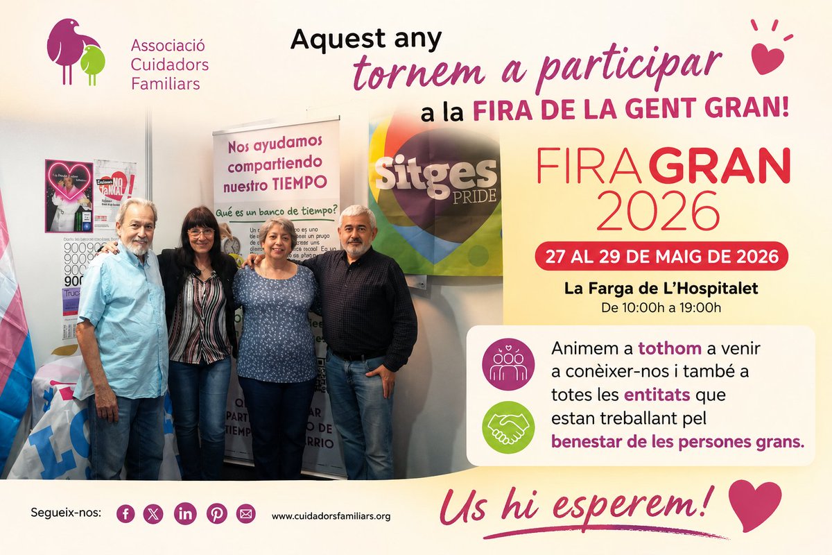 cuidadors's tweet photo. #BonaGent! Aquest any tornarem a participar a la Fira de la Gent Gran, us animem a que vingueu a conèixer-nos, a nosaltres, a @JOSALTES ens interessa saber, veure tot el que s'està fent per la gent gran, també farem d'altaveu per parlar sobre #dependència #cuidadores #cures 💜💜 https://t.co/122FEwZ9To