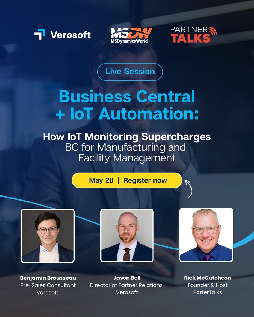 VerosoftDesign's tweet photo. 🚨 What happens when IoT signals stop sitting in dashboards… and start driving action inside #BusinessCentral?
Join us live to explore how TAG Mobi IoT Monitoring is transforming manufacturing &amp; facility management with #Dynamics365.

📅 May 28
https://t.co/bU7d8ir8j2 https://t.co/PwqszdJrk4