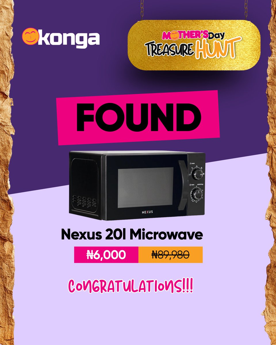 ShopKonga's tweet photo. Big congratulations to our lucky winner, Itz.ckelly
You just bagged the Nexus 20L Microwave for just ₦6,000 instead of ₦89,980 🤯
Keeping shopping on https://t.co/uHNLeVoymY
#Konga #MothersDayTreasureHunt #TreasureFound https://t.co/YmfRMFcGgV