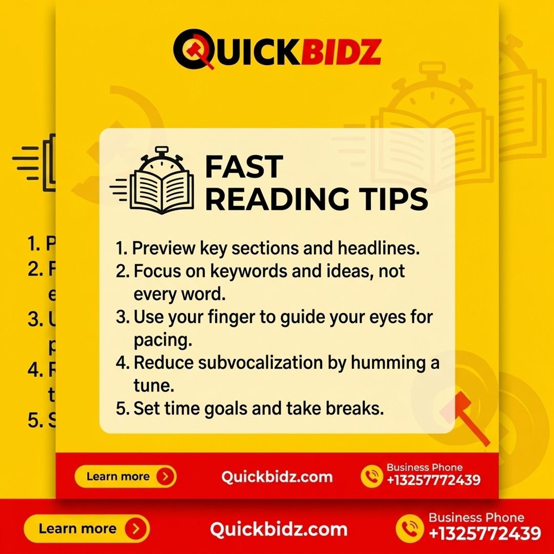 quicklotz's tweet photo. Boost your reading speed with these fast reading tips from Quickbidz. Learn more at https://t.co/jRBjMKzgy1. #Quickbidz #ReadingTips #LearnMore https://t.co/PSLI23HQpZ
