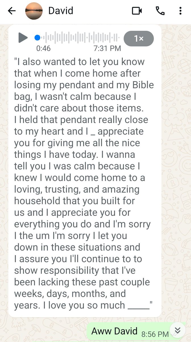 Gbemisoke's tweet photo. So David lost some of his things
Me: it's how casual you are about losing valuables that hurts me, really. Like you don't care.
David: looks sad, says sorry, then sends me this voice note a few days later. Now I'm feeling bad about judging him unfairly 🥹🥰 https://t.co/mMkjNvtQWR