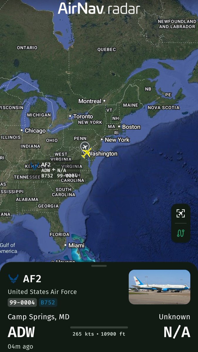 Borrowed7Time's tweet photo. USAF C-32A 99-0004 #ADFEBA as AF2 en route from JB Andrews to Bangor ME with VPOTUS aboard.
@sipjack1776 @LadyAstroJet
@AirNavRadar https://t.co/Vjyx48YYIy https://t.co/kFqlqjBync