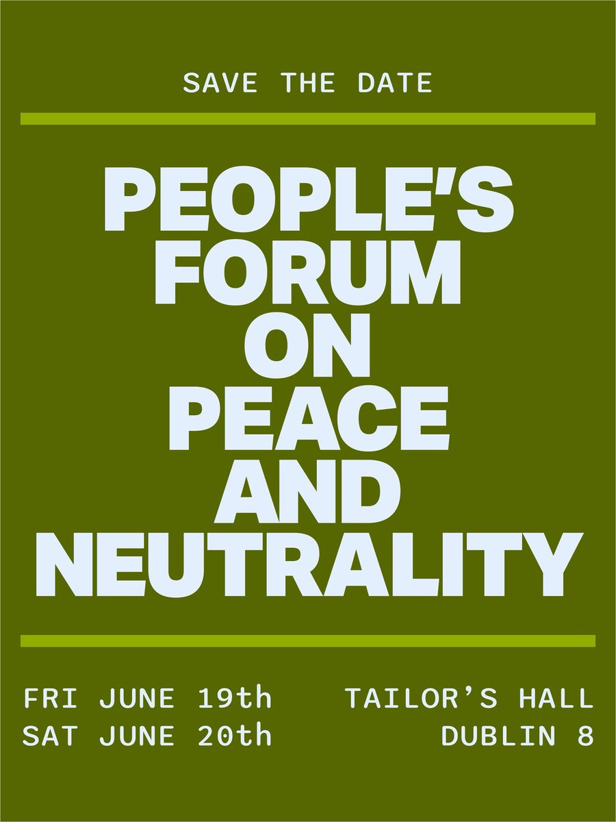 PBresnihan's tweet photo. A People's Forum on Peace and Neutrality will take place in Tailor's Hall, Dublin, on 19th and 20th June.

Over two days, Irish and international speakers will come together in Dublin to discuss Irish neutrality, international law and the arms industry.

More details to follow. https://t.co/0cZ5QCeT30
