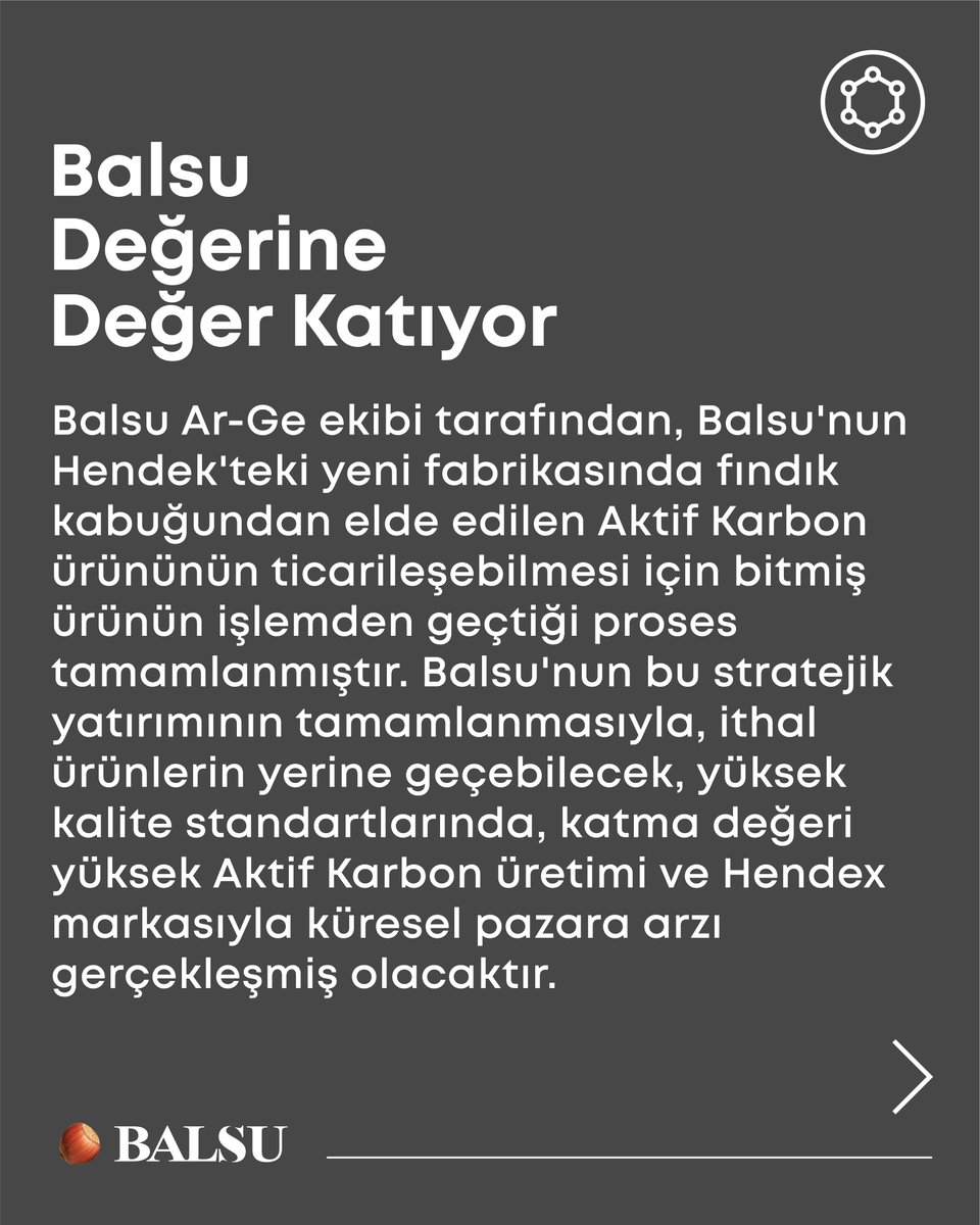 BalsuGida's tweet photo. Balsu Değerine Değer Katıyor
Balsu Ar-Ge ekibi tarafından, Balsu'nun Hendek'teki yeni fabrikasında fındık kabuğundan elde edilen Aktif Karbon ürününün ticarileşebilmesi için bitmiş ürünün işlemden geçtiği proses tamamlanmıştır. https://t.co/Yz7D1voAIq