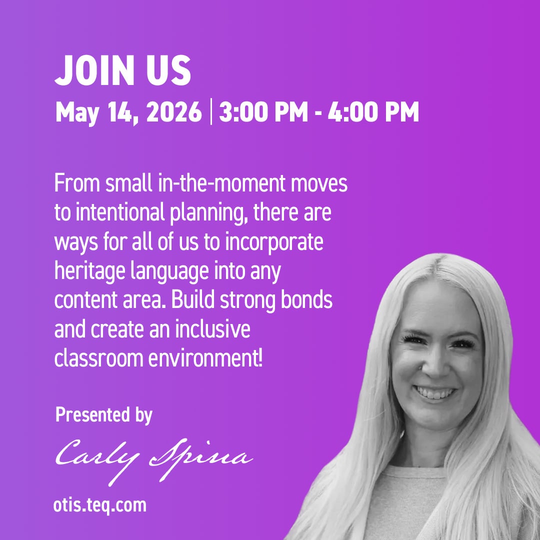 OTIS4educators's tweet photo. Boost confidence and strengthen connections! In today’s OTIS course at 3PM EDT with guest Carly Spina, we’ll create an inclusive classroom, where every language is heard. Foster a sense of belonging! Join here: https://t.co/9NvOJPNuOh @MrsSpinasClass #ELLs #learn #edtech #otispd https://t.co/Oq6jH0r0nq