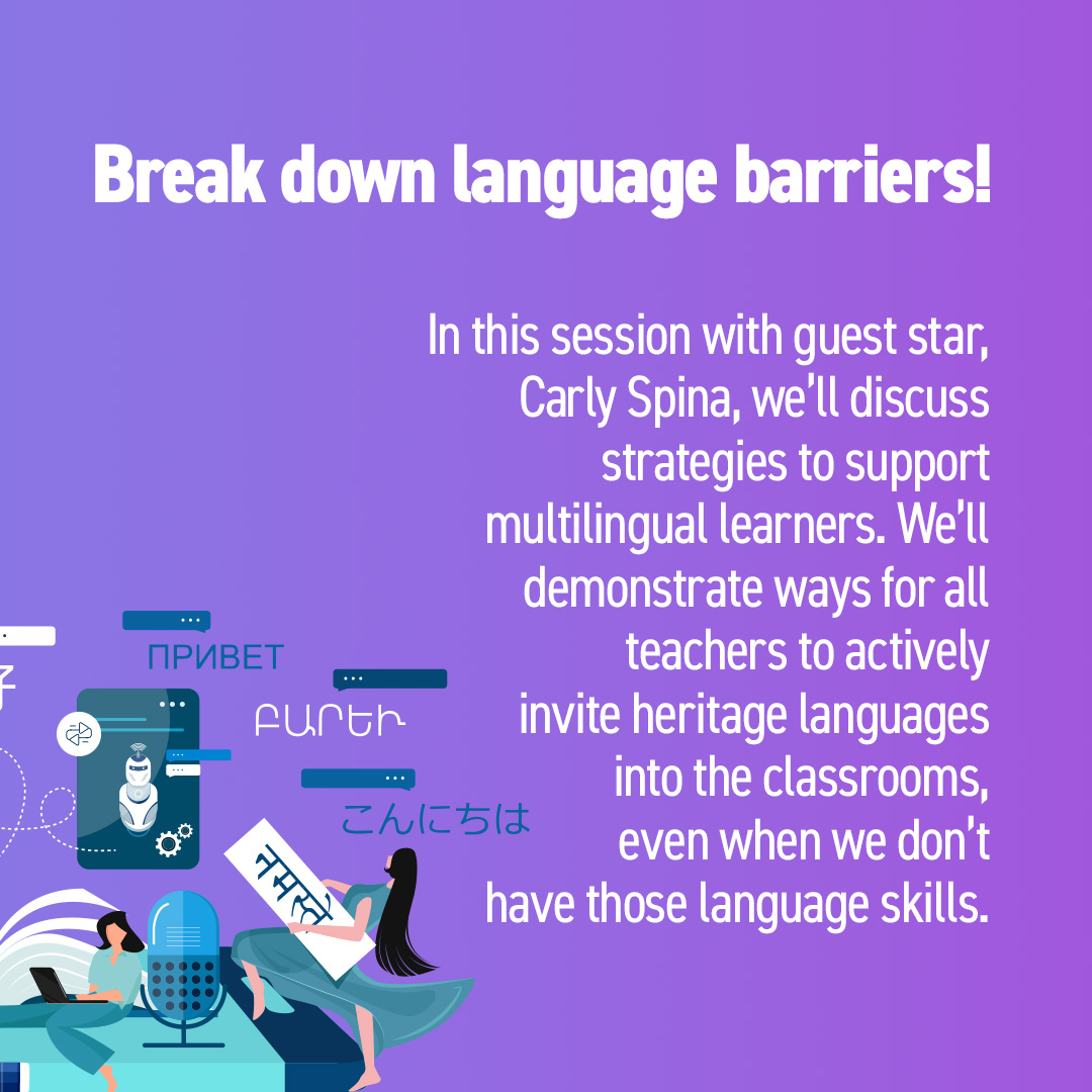 OTIS4educators's tweet photo. Boost confidence and strengthen connections! In today’s OTIS course at 3PM EDT with guest Carly Spina, we’ll create an inclusive classroom, where every language is heard. Foster a sense of belonging! Join here: https://t.co/9NvOJPNuOh @MrsSpinasClass #ELLs #learn #edtech #otispd https://t.co/Oq6jH0r0nq