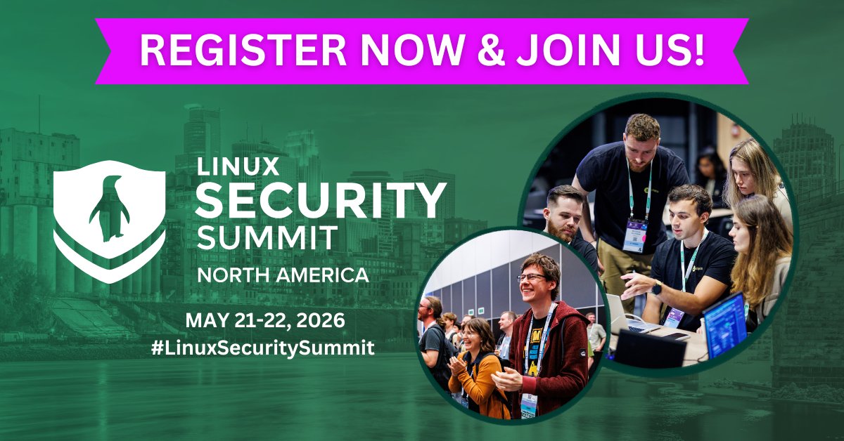 linuxfoundation's tweet photo. We’re just 7 days away! ⏰
#LinuxSecuritySummit North America kicks off next week, May 21-22, in Minneapolis. This is your final chance to join the maintainers, researchers, and engineers driving the future of the ecosystem.
Don’t miss out - secure your seat today: https://t.co/IYt5e9l6vm