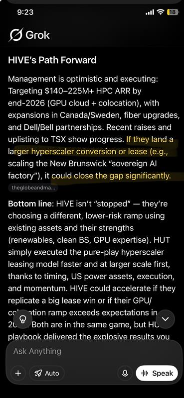 Samurai__Stock's tweet photo. Started a new position this morning: $HIVE

Today, the market still primarily values HIVE as a Bitcoin mining company.

But I think investors may be underestimating the potential value of its AI/HPC business: BUZZ HPC.

HIVE currently operates ~440MW of global energy and data center infrastructure, with management targeting expansion toward ~540MW by the end of 2026.

The company has also discussed a broader multi-gigawatt land and power opportunity pipeline.

The Bitcoin mining business still drives the vast majority of current revenue and cash flow:
• Mined 2,311 BTC in 2025
• Mining roughly 9–10 BTC per day currently

What makes the story interesting to me is that HIVE is using cash flow from its mining operations to help fund its AI/HPC expansion.

A lot of AI infrastructure and “neo-cloud” companies are heavily reliant on debt and dilution to build out compute capacity. HIVE still has dilution risk, but its balance sheet is not as debt-heavy as many peers.

The real thesis for me is BUZZ HPC.

Management has discussed scaling toward ~11,000 GPUs deployed for AI cloud infrastructure, alongside major HPC revenue growth targets over the next 1–2 years.

BUZZ HPC entered 2026 around a ~$20M ARR run-rate, with management targeting roughly ~$200M ARR as deployments scale.

Current partnerships and infrastructure relationships involving Bell Canada and Dell Technologies are early signs of traction.

And what do hyperscalers keep telling us every quarter?

“We are compute constrained.”

That’s the opportunity.

If HIVE successfully executes the HPC transition, I think the market eventually stops valuing it purely as a Bitcoin miner and starts valuing it more like an AI infrastructure / compute platform.

If execution fails, then the stock likely remains just another mining name tied to BTC prices.

To me, this is essentially two businesses inside one company:

Bitcoin Mining
• Existing cash flow engine
• Funds HPC expansion
• Provides infrastructure & power footprint already in place

BUZZ HPC
• The primary reason I started the position
• AI/HPC compute infrastructure business
• Significant upside if deployment targets are achieved
• A future hyperscaler contract could materially change the valuation framework very quickly

As always, this is not financial advice. DYOR. 

What are your thoughts on this company? Drop them down below.