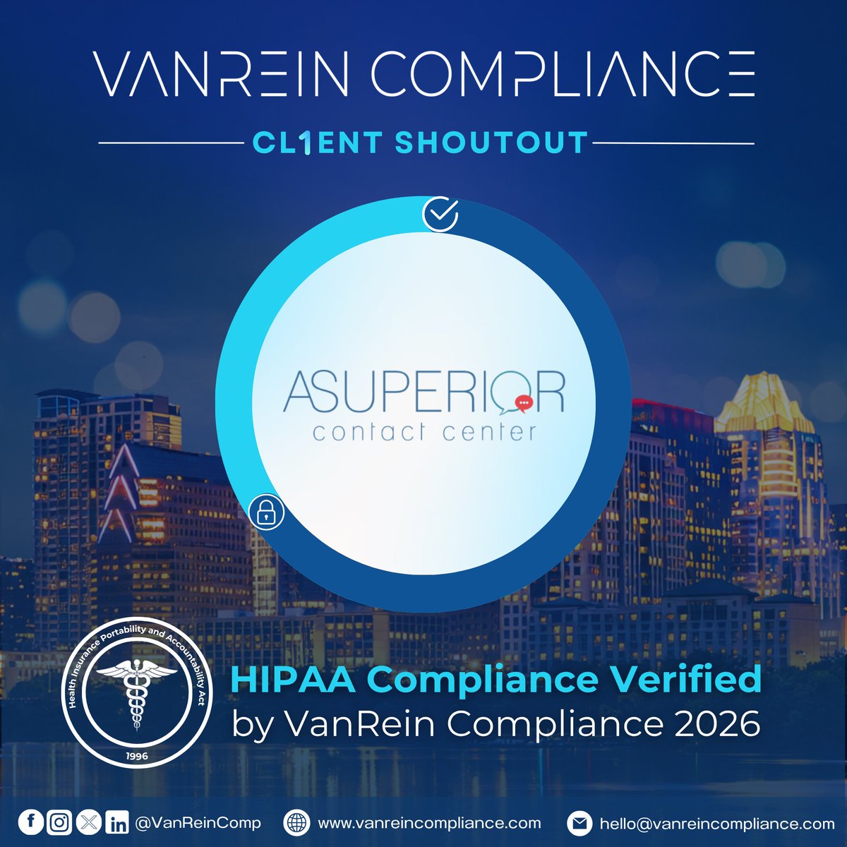 VanReinComp's tweet photo. @superiorcallctr has verified their #HIPAACompliance2026, audited by VRC! Congrats to this family-owned contact center for their 50 years of dedication to quality customer service! 🎉 #CustomerSupport #DataSecurity #ContactCenter https://t.co/lSlmV7Y2Q2