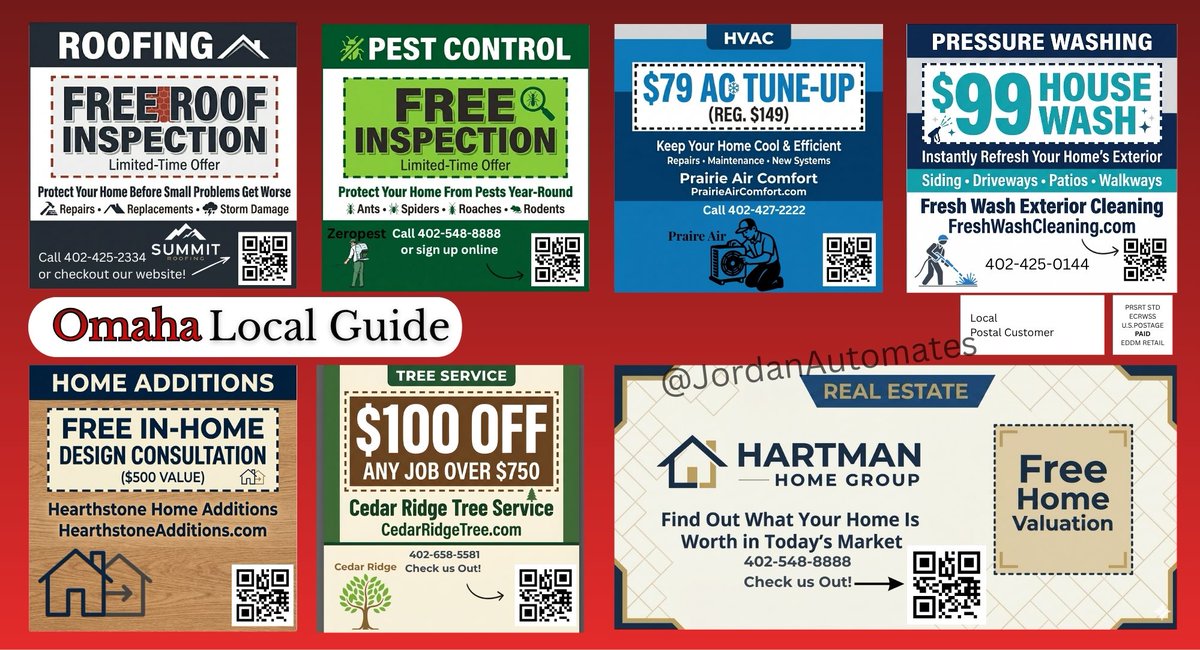 JordanAutomates's tweet photo. How to sell AI services to local home service businesses that don't trust your dumba$$

Put together a local co-op postcards that people can buy Ad spots on

Goes out to 5,000-10,000 higher income homes in your city

Once you have their trust use this as a foot in the door to sell them AI phone agents

Contractors 100% suck at answering their phone, this loses them leads

They need this. Bad.